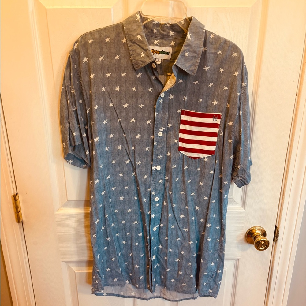 Tipsy Elves Blue Star Shirt with Red Striped Pocket